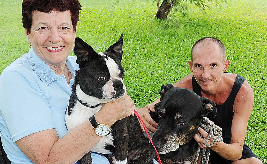 Bev Cornwall with Louie and Adam Hope with his great dane cross Dana. Bev Cornwall with Louie and Adam Hope with his great dane cross Dana.